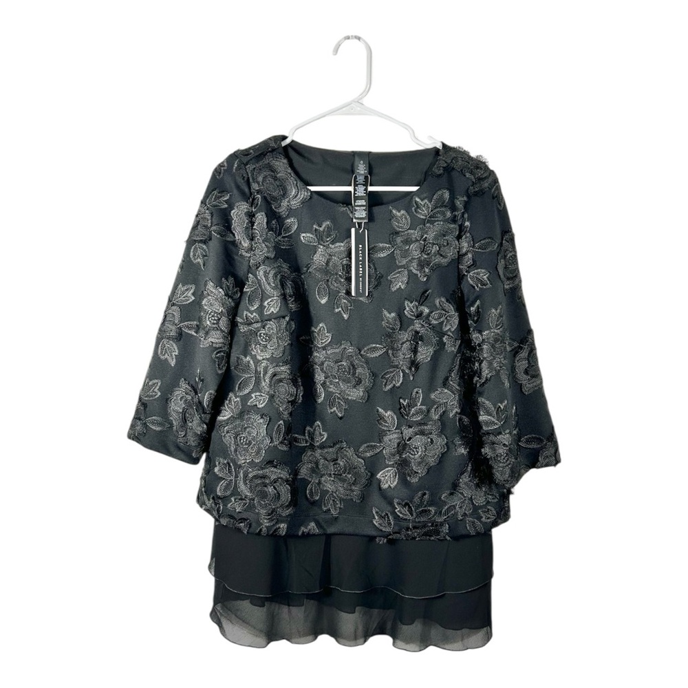 NWT Chico’s Black Label‎ Embroidered Black Floral Layered Top